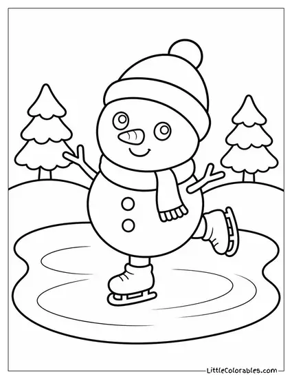 Chibi Snowman Skating on a Tiny Frozen Pond Coloring Page