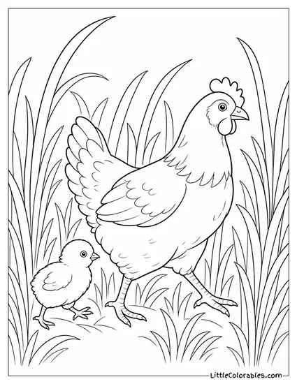 Chick Following Its Mother Through Grass That Towers Far Above It Coloring Page