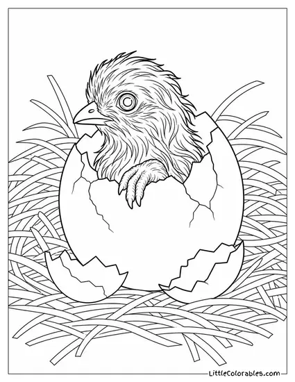 Chick Hatching with a Wet Matted Head Pushing Through a Cracked Brown Shell Coloring Page