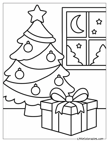 Christmas Gift Beneath a Tree at Midnight Coloring Page