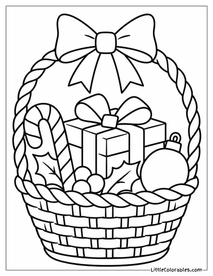 Christmas Gift in a Wicker Basket with Bow Coloring Page