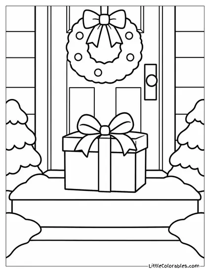 Christmas Gift Left on a Snowy Doorstep Coloring Page