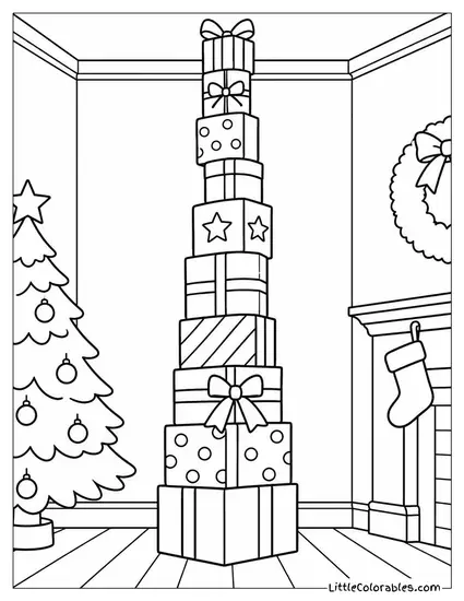 Christmas Gift Stack Reaching from Floor to Ceiling Coloring Page