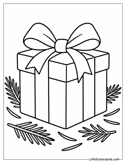 Christmas Gift Surrounded by Fallen Pine Needles Coloring Page