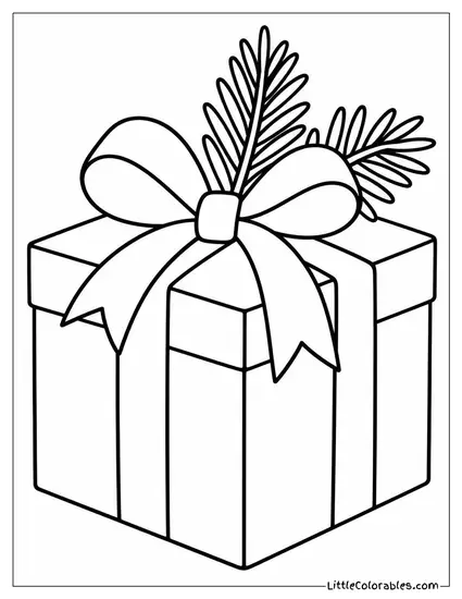 Christmas Gift with a Pine Sprig Under Ribbon Coloring Page