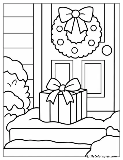 Christmas Present Dropped in Snow on a Doorstep Coloring Page
