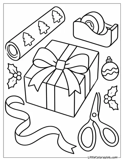 Christmas Present Flat Lay with Ribbon Scissors Tape Coloring Page