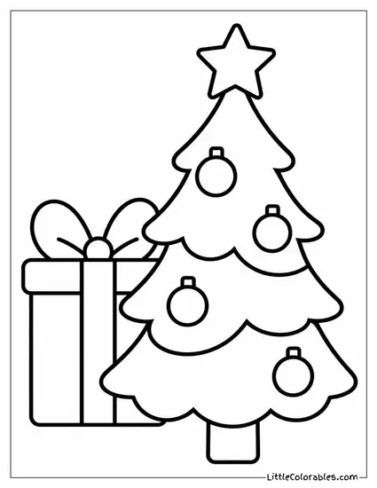 Christmas Present Half Hidden Behind a Christmas Tree Coloring Page
