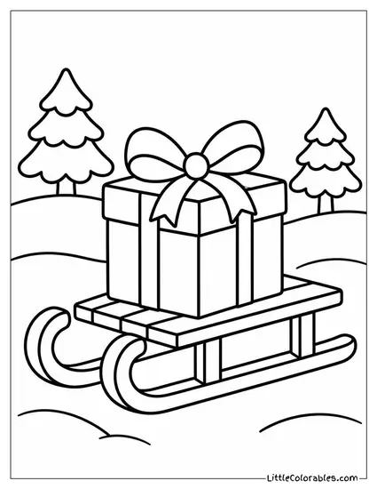 Christmas Present on a Sled in the Snow Coloring Page