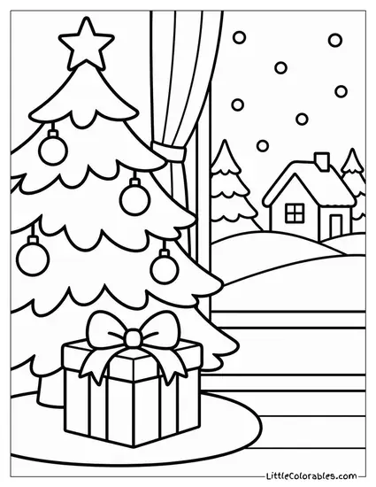 Christmas Present Under a Tree Snow Outside Coloring Page