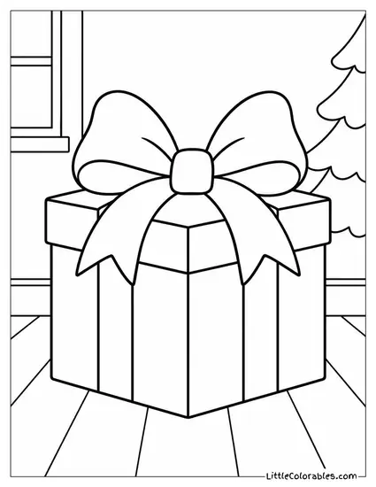 Christmas Present with a Giant Bow on Floor Coloring Page