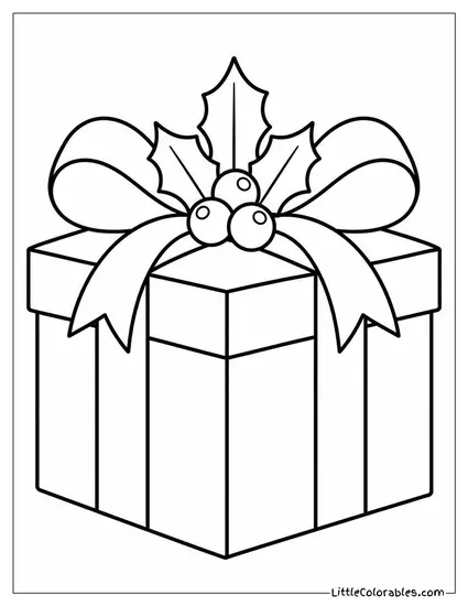 Christmas Present with Holly on the Ribbon Coloring Page