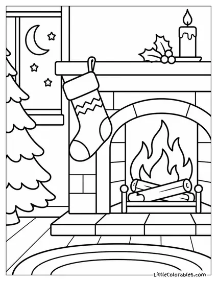 Christmas Stocking Beside a Crackling Fireplace at Night Coloring Page
