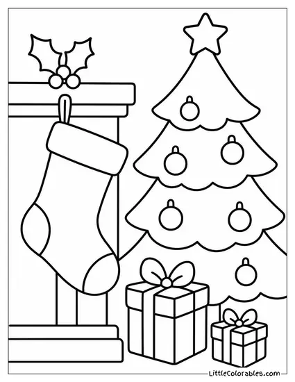 Christmas Stocking Hanging Beside Ornament Covered Tree Coloring Page