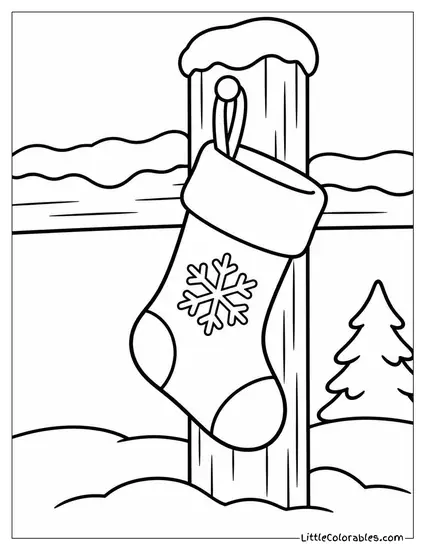 Christmas Stocking Hung on a Snowy Fence Post Coloring Page