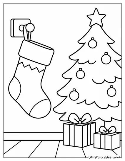 Christmas Stocking on a Hook Beside a Tree Coloring Page