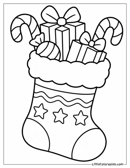 Christmas Stocking Overflowing with Gifts and Candy Canes Coloring Page