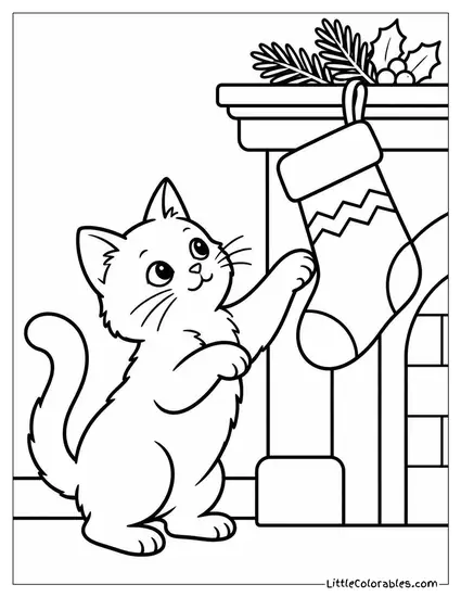 Christmas Stocking with a Cat Batting at It Coloring Page