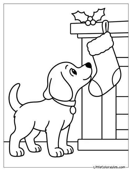 Christmas Stocking with a Dog Sniffing at It Coloring Page