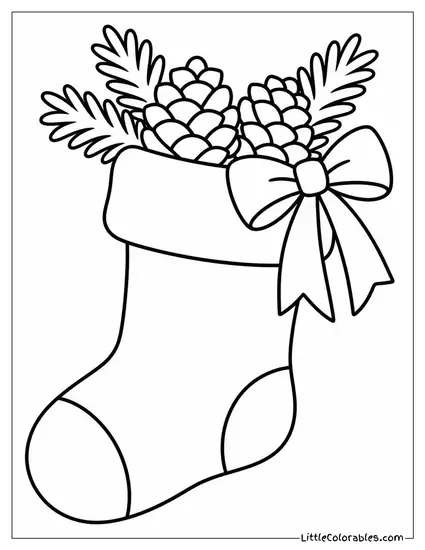Christmas Stocking with Pine Cones and Ribbon Coloring Page