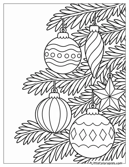 Christmas Tree Close-Up Showing Intricate Ornament Detail Coloring Page