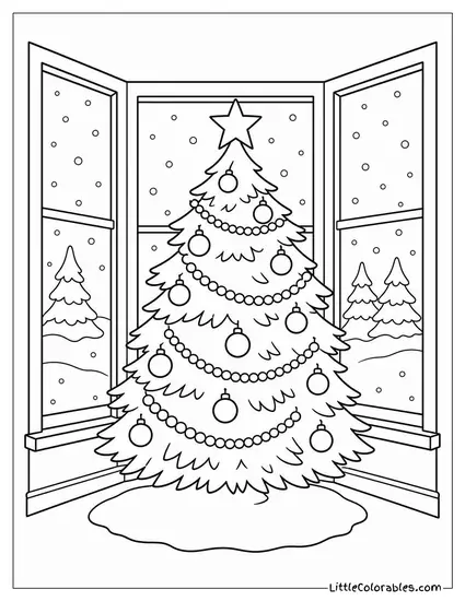 Christmas Tree in a Bay Window Snow Outside Coloring Page