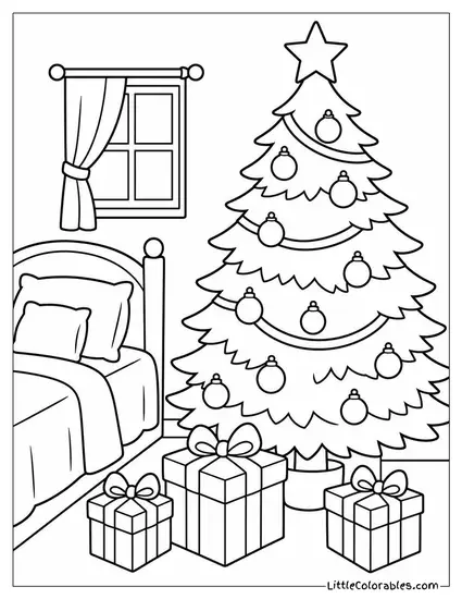 Christmas Tree in a Bedroom with Gifts Nearby Coloring Page
