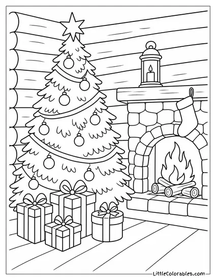 Christmas Tree in a Rustic Cabin with Fireplace Coloring Page