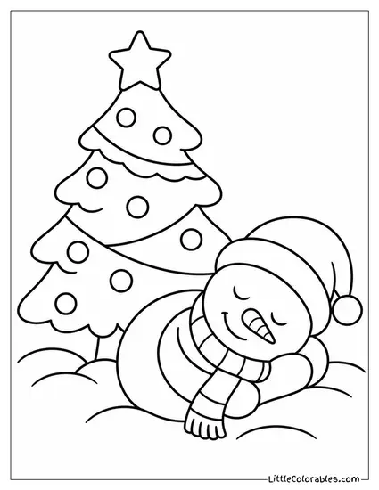 Christmas Tree Lit Beside a Sleeping Snowman Coloring Page