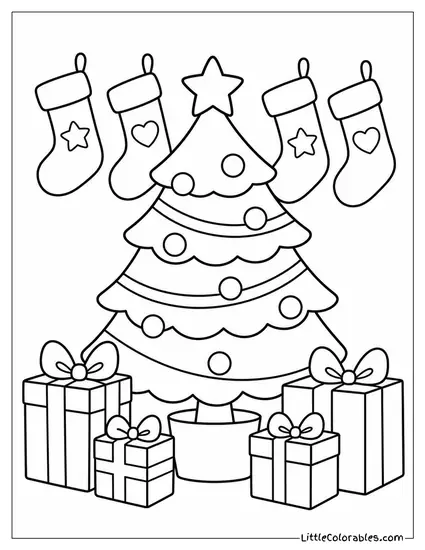 Christmas Tree Surrounded by Stockings and Gifts Coloring Page