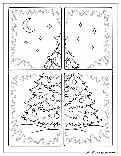 Christmas Tree Through a Frosted Window at Night Coloring Page
