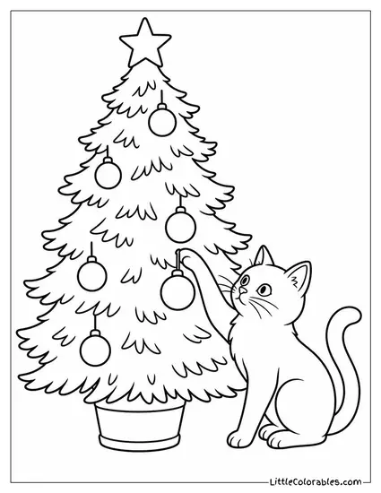 Christmas Tree with a Cat Pawing an Ornament Coloring Page