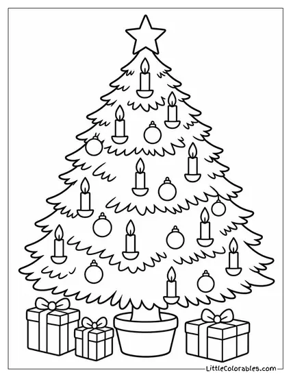 Christmas Tree with Candle-Shaped Lights Glowing Coloring Page