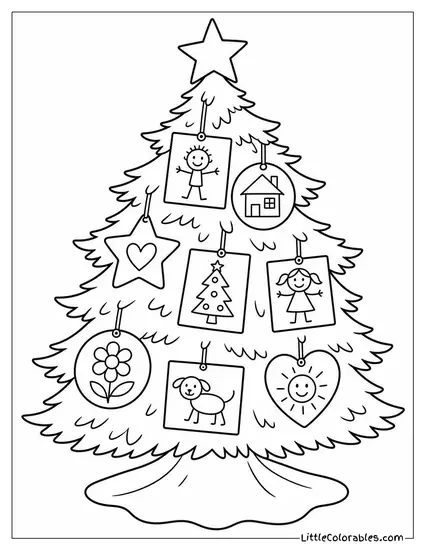 Christmas Tree with Children's Drawings as Ornaments Coloring Page