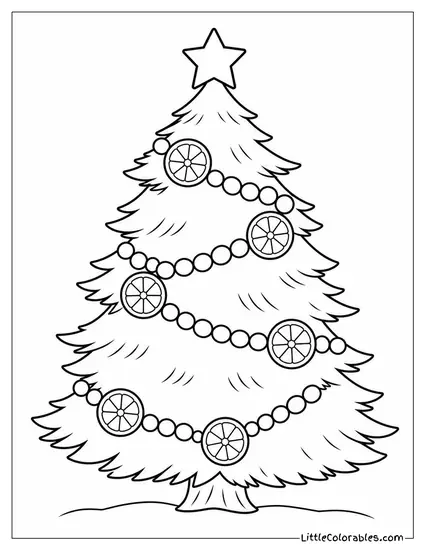 Christmas Tree with Cranberry and Orange Slice Garland Coloring Page