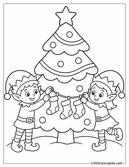Christmas Tree with Elves Hanging Tiny Stockings Coloring Page
