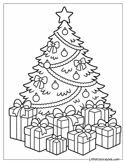 Christmas Tree with Gifts Overflowing Its Base Coloring Page