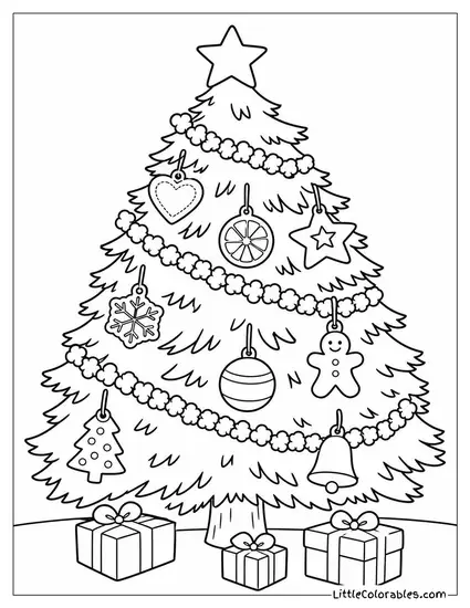 Christmas Tree with Homemade Ornaments and Popcorn Garland Coloring Page
