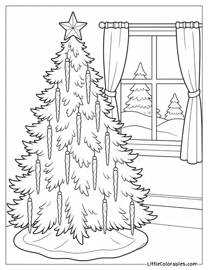 Christmas Tree with Icicle Ornaments by a Window Coloring Page