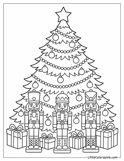 Christmas Tree with Nutcrackers at Its Base Coloring Page