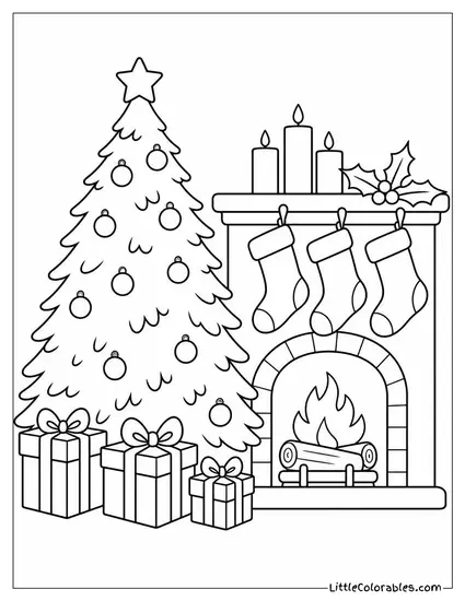 Christmas Tree with Stockings Hung on the Mantle Coloring Page