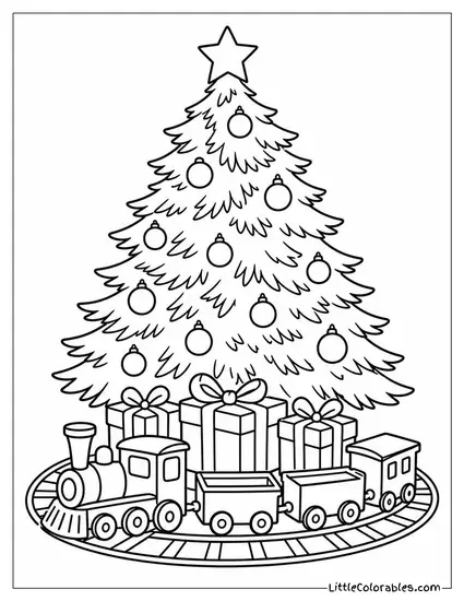 Christmas Tree with Wooden Train Set Below It Coloring Page