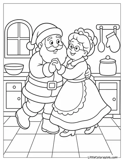 Classic Santa and Mrs Claus Dancing in the Kitchen on Christmas Eve Coloring Page