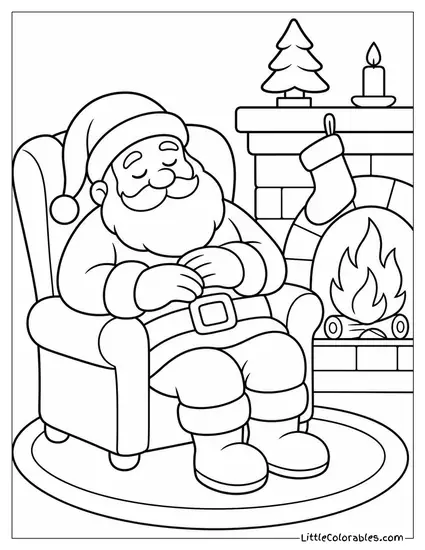 Classic Santa Asleep in His Armchair Beside a Fireplace Coloring Page