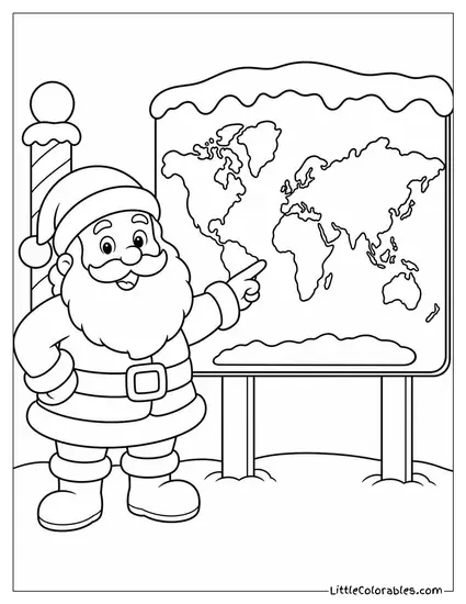 Classic Santa at the North Pole Pointing at a Large World Map Coloring Page