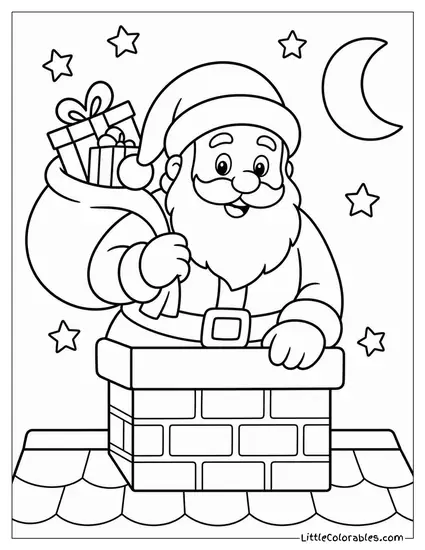 Classic Santa Delivering Gifts Down a Chimney at Midnight Coloring Page