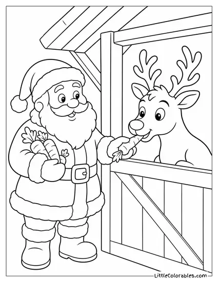 Classic Santa Feeding Carrots to His Reindeer in a Stable Coloring Page