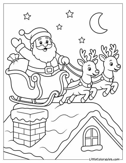 Classic Santa Landing His Sleigh on a Snow Covered Rooftop Coloring Page