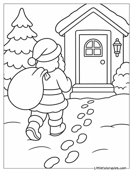 Classic Santa Leaving Footprints in the Snow Toward a Front Door Coloring Page