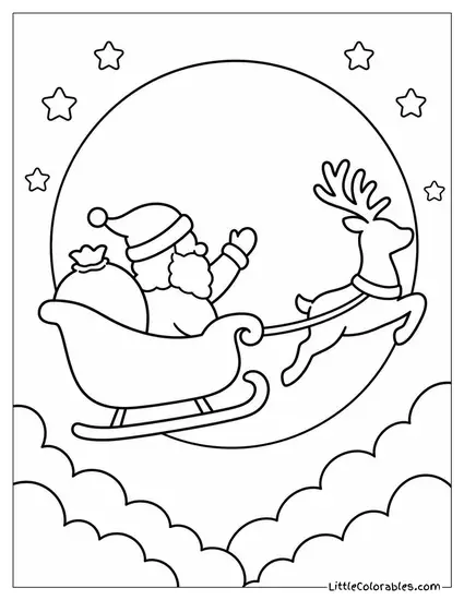 Classic Santa Silhouetted Against a Giant Full Moon on His Sleigh Coloring Page
